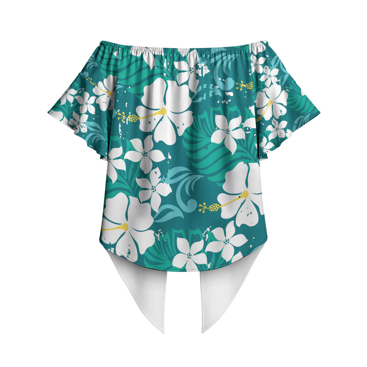 Teal Hawaiian Hibiscus Monstera Off Shoulder Wrap Waist Top Grunge Stylized