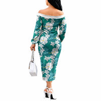 Teal Hawaiian Hibiscus Monstera Off The Shoulder Long Sleeve Dress Grunge Stylized
