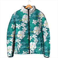 Teal Hawaiian Hibiscus Monstera Padded Jacket Grunge Stylized