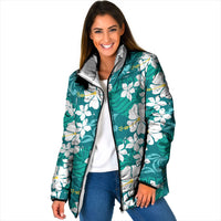Teal Hawaiian Hibiscus Monstera Padded Jacket Grunge Stylized