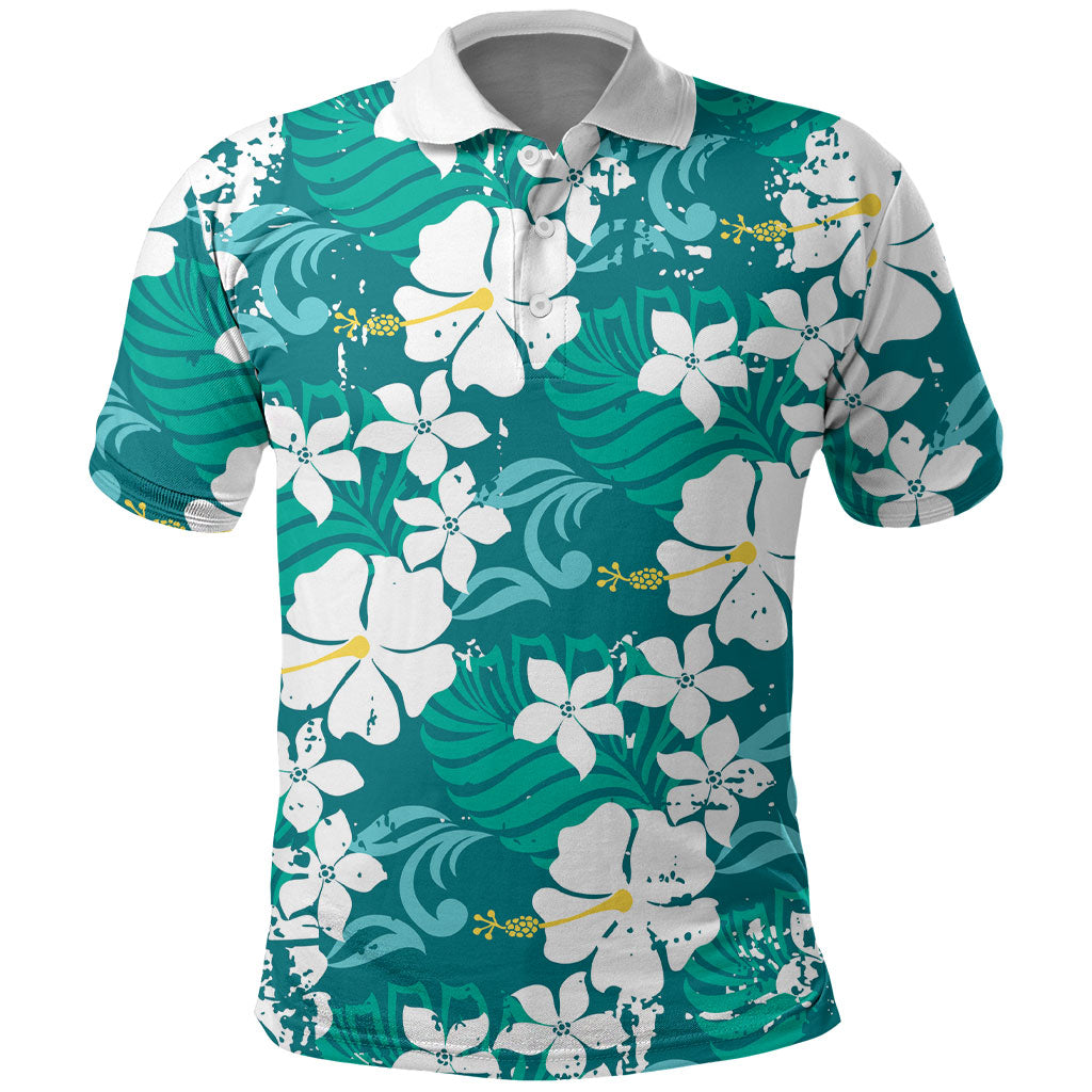 Teal Hawaiian Hibiscus Monstera Polo Shirt Grunge Stylized LT01 Teal - Polynesian Pride