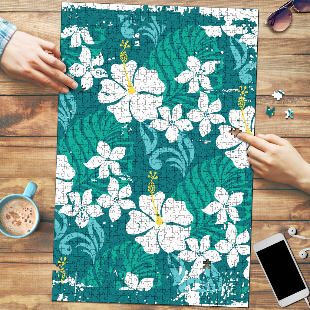 Teal Hawaiian Hibiscus Monstera Puzzle Grunge Stylized