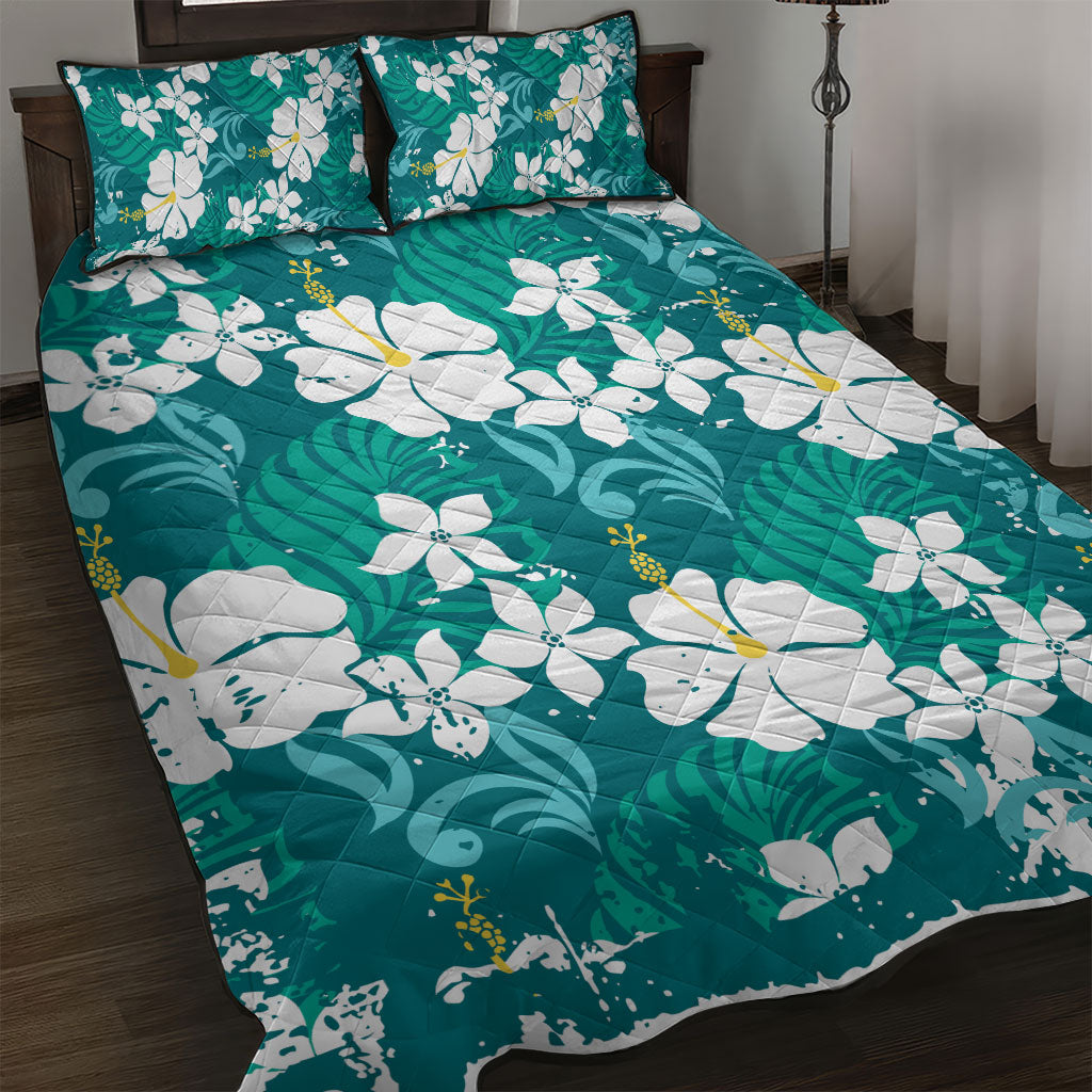 Teal Hawaiian Hibiscus Monstera Quilt Bed Set Grunge Stylized LT01 Teal - Polynesian Pride
