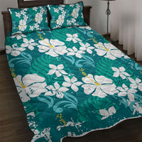 Teal Hawaiian Hibiscus Monstera Quilt Bed Set Grunge Stylized LT01 Teal - Polynesian Pride