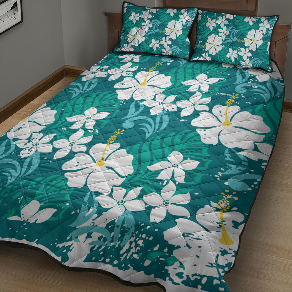 Teal Hawaiian Hibiscus Monstera Quilt Bed Set Grunge Stylized LT01 - Polynesian Pride