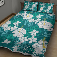 Teal Hawaiian Hibiscus Monstera Quilt Bed Set Grunge Stylized LT01 - Polynesian Pride