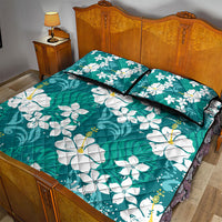 Teal Hawaiian Hibiscus Monstera Quilt Bed Set Grunge Stylized LT01 - Polynesian Pride