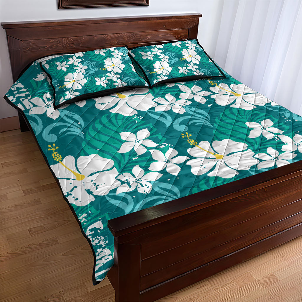Teal Hawaiian Hibiscus Monstera Quilt Bed Set Grunge Stylized LT01 - Polynesian Pride