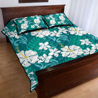 Teal Hawaiian Hibiscus Monstera Quilt Bed Set Grunge Stylized LT01 - Polynesian Pride