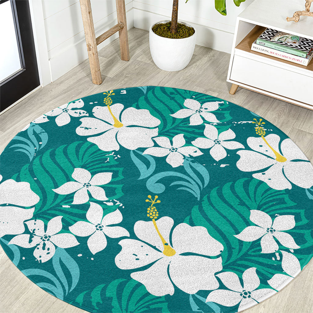 Teal Hawaiian Hibiscus Monstera Round Carpet Grunge Stylized LT01 Teal - Polynesian Pride