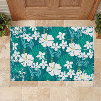 Teal Hawaiian Hibiscus Monstera Rubber Doormat Grunge Stylized