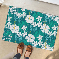 Teal Hawaiian Hibiscus Monstera Rubber Doormat Grunge Stylized