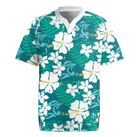 Teal Hawaiian Hibiscus Monstera Rugby Jersey Grunge Stylized