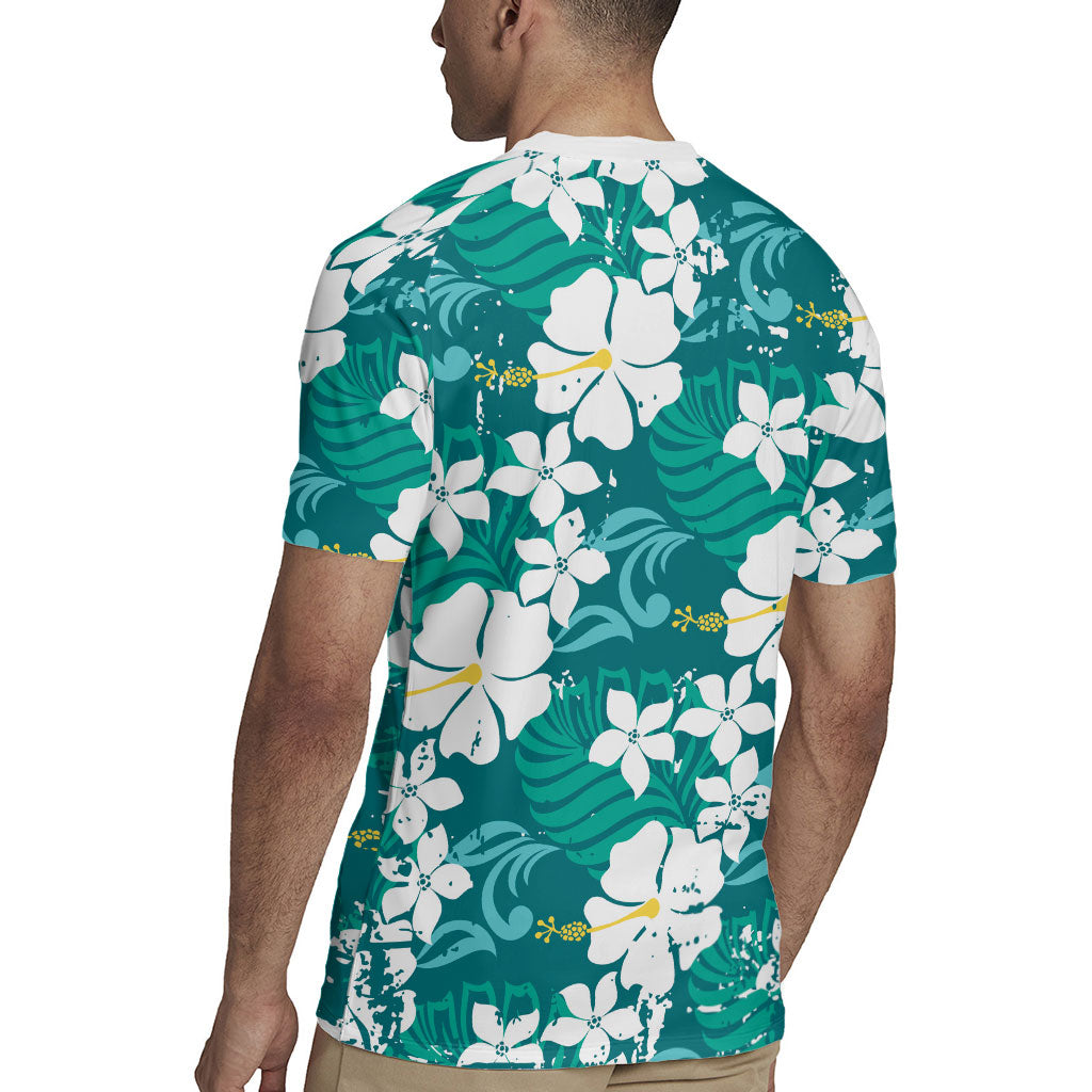 Teal Hawaiian Hibiscus Monstera Rugby Jersey Grunge Stylized
