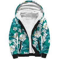 Teal Hawaiian Hibiscus Monstera Sherpa Hoodie Grunge Stylized