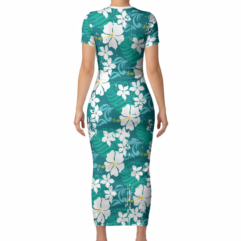 Teal Hawaiian Hibiscus Monstera Short Sleeve Bodycon Dress Grunge Stylized