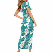 Teal Hawaiian Hibiscus Monstera Short Sleeve Bodycon Dress Grunge Stylized