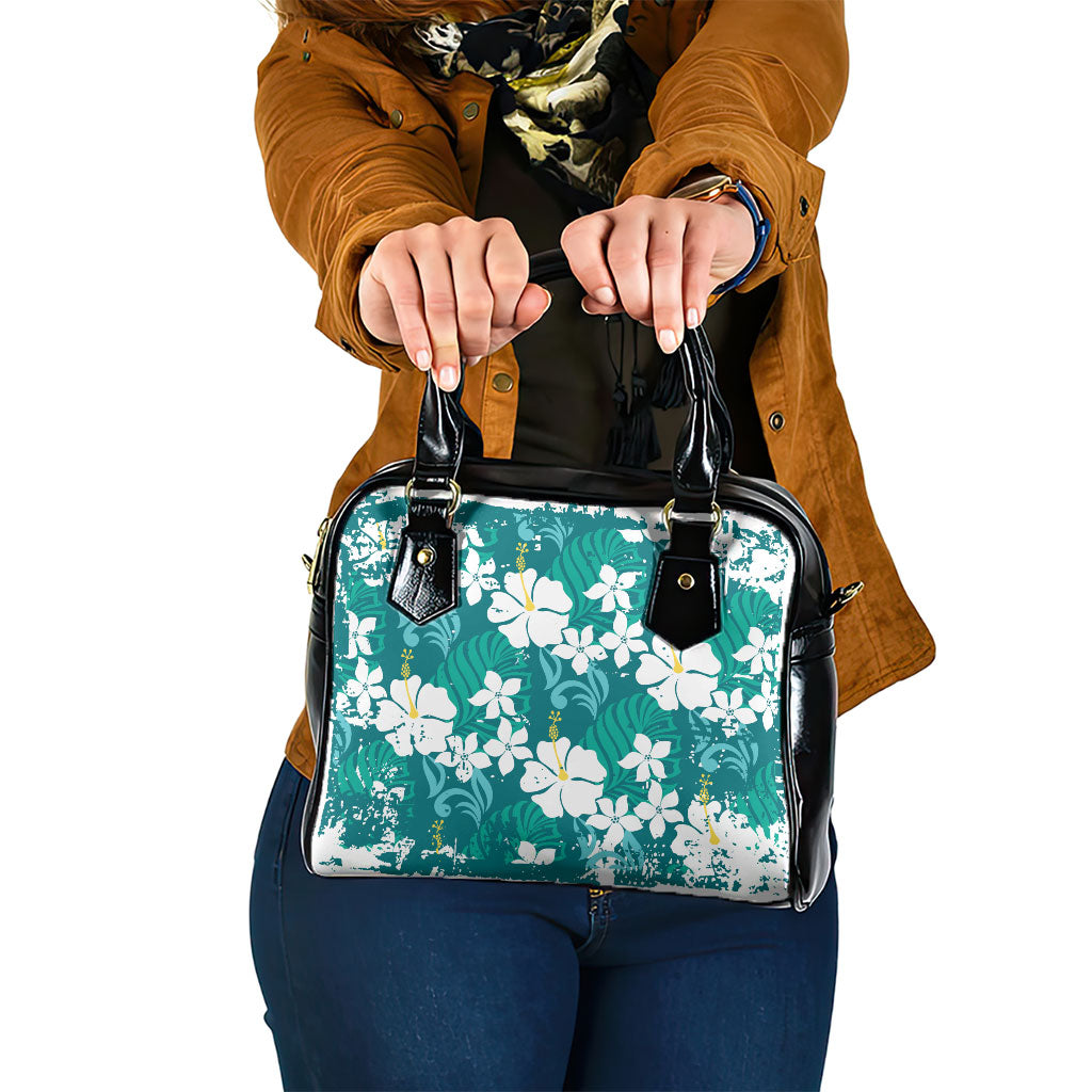Teal Hawaiian Hibiscus Monstera Shoulder Handbag Grunge Stylized LT01 One Size Teal - Polynesian Pride