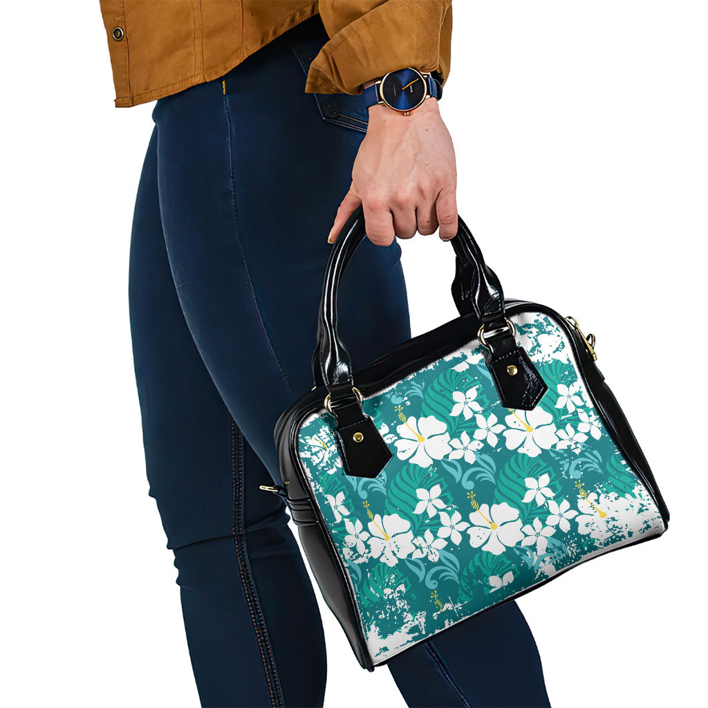 Teal Hawaiian Hibiscus Monstera Shoulder Handbag Grunge Stylized LT01 - Polynesian Pride