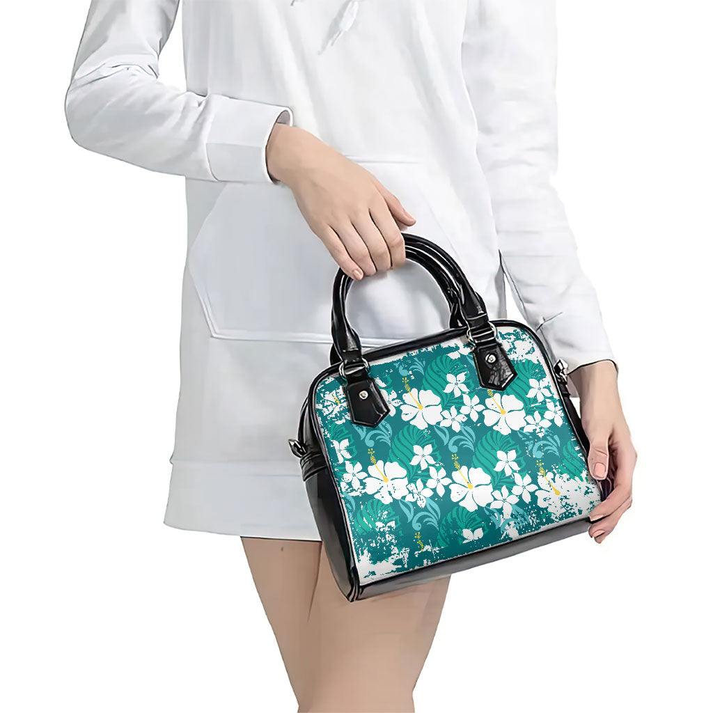 Teal Hawaiian Hibiscus Monstera Shoulder Handbag Grunge Stylized LT01 - Polynesian Pride