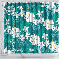 Teal Hawaiian Hibiscus Monstera Shower Curtain Grunge Stylized LT01 - Polynesian Pride