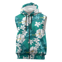 Teal Hawaiian Hibiscus Monstera Sleeveless Zip Hoodie Grunge Stylized