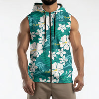Teal Hawaiian Hibiscus Monstera Sleeveless Zip Hoodie Grunge Stylized