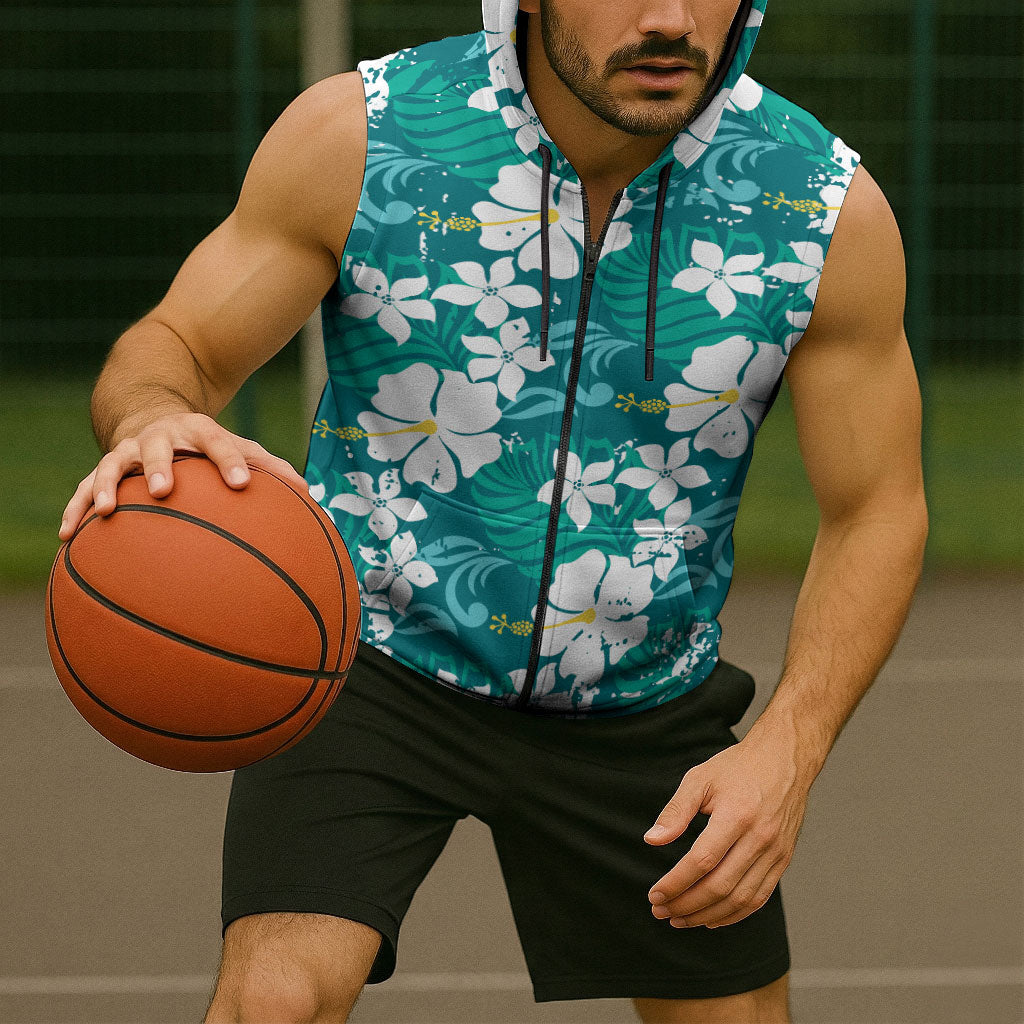 Teal Hawaiian Hibiscus Monstera Sleeveless Zip Hoodie Grunge Stylized
