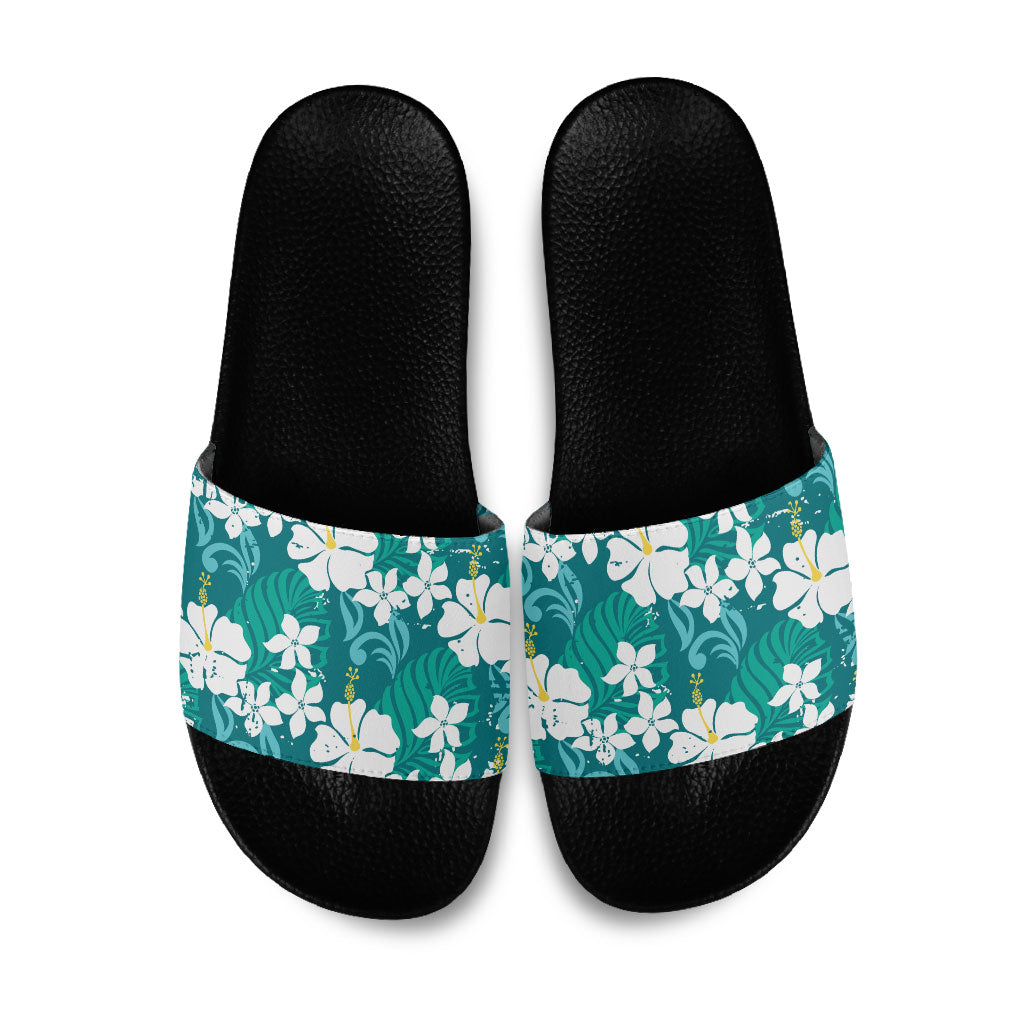 Teal Hawaiian Hibiscus Monstera Slide Sandals Grunge Stylized