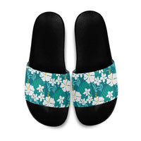 Teal Hawaiian Hibiscus Monstera Slide Sandals Grunge Stylized