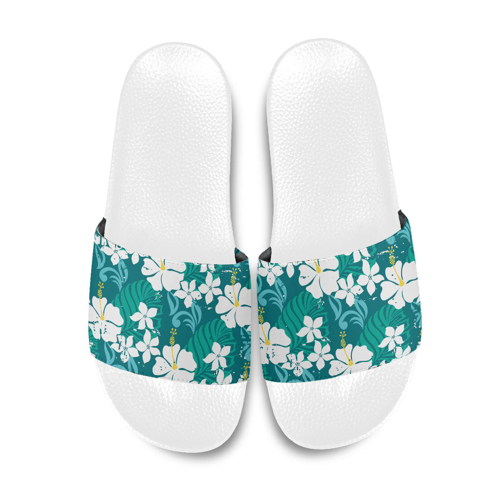 Teal Hawaiian Hibiscus Monstera Slide Sandals Grunge Stylized