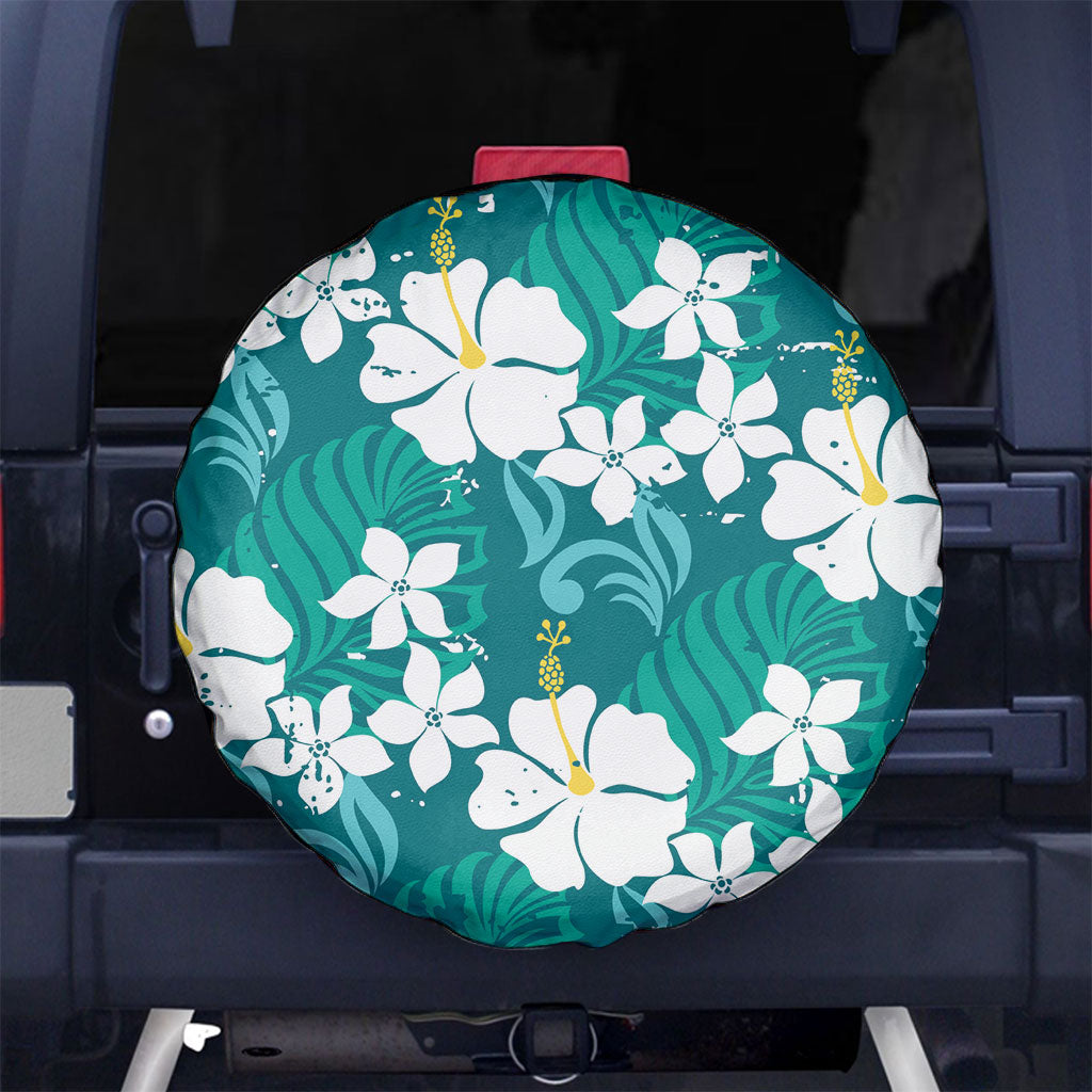 Teal Hawaiian Hibiscus Monstera Spare Tire Cover Grunge Stylized LT01 No hole Teal - Polynesian Pride
