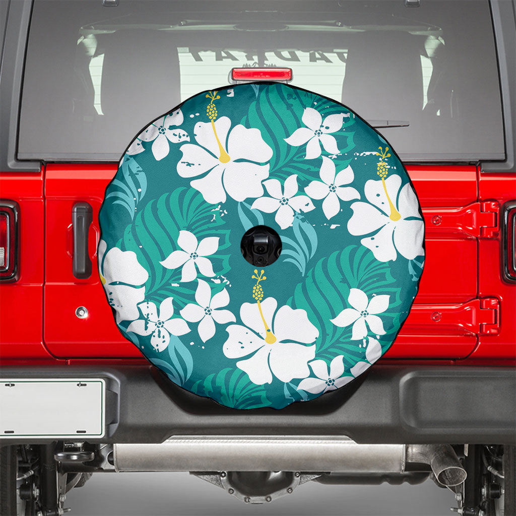 Teal Hawaiian Hibiscus Monstera Spare Tire Cover Grunge Stylized