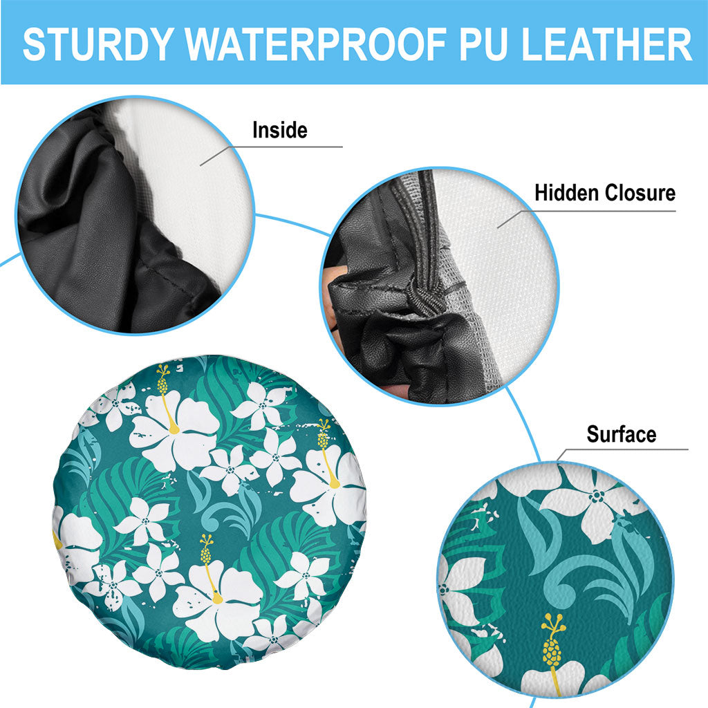 Teal Hawaiian Hibiscus Monstera Spare Tire Cover Grunge Stylized