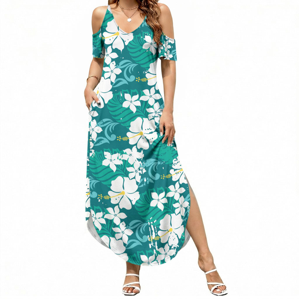 Teal Hawaiian Hibiscus Monstera Summer Maxi Dress Grunge Stylized