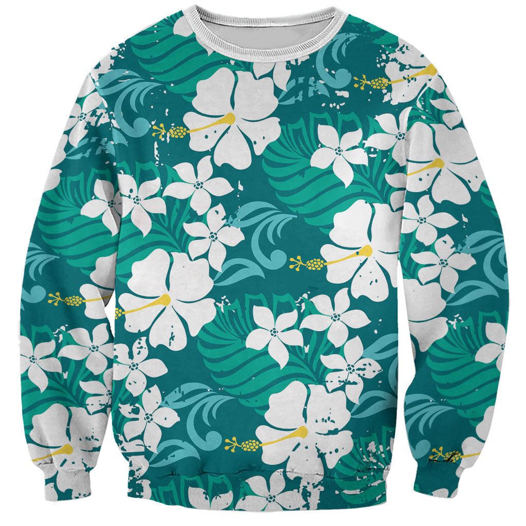 Teal Hawaiian Hibiscus Monstera Sweatshirt Grunge Stylized