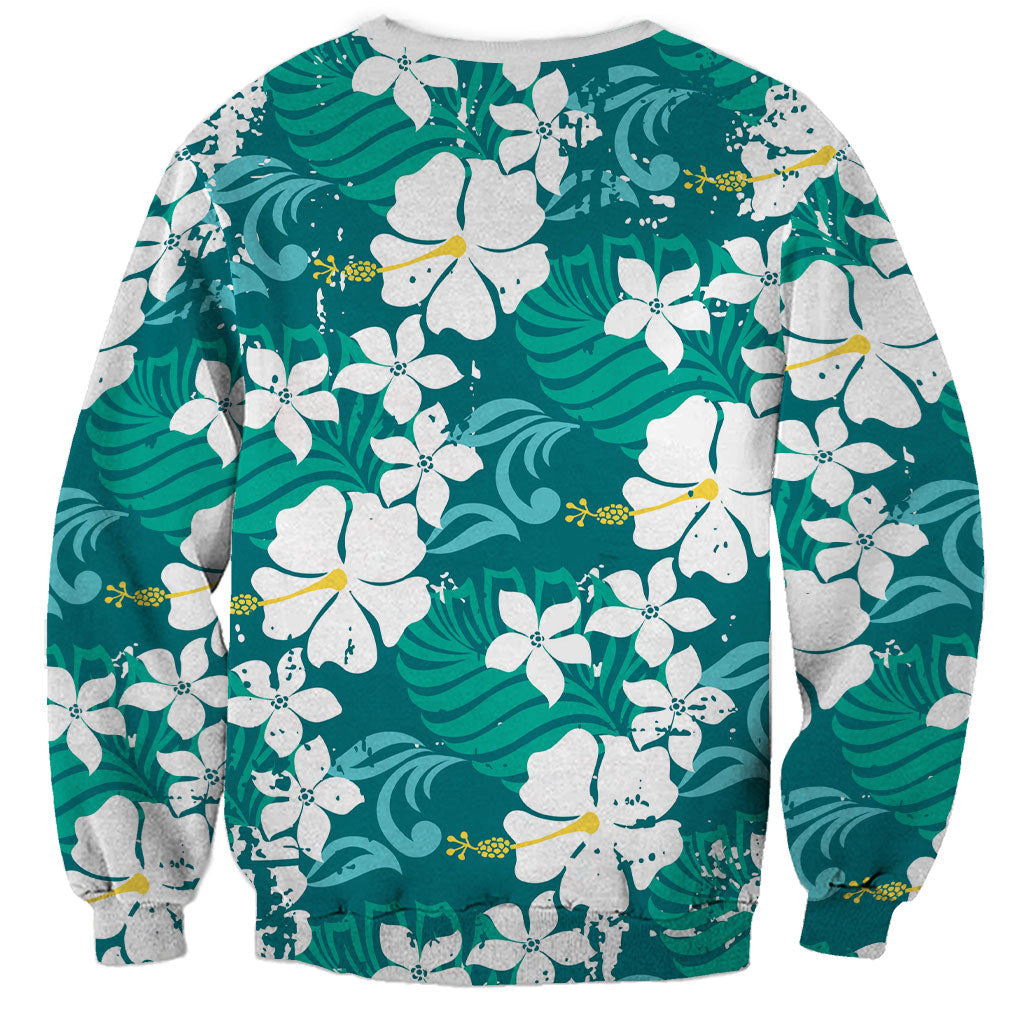 Teal Hawaiian Hibiscus Monstera Sweatshirt Grunge Stylized