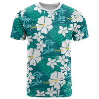 Teal Hawaiian Hibiscus Monstera T Shirt Grunge Stylized