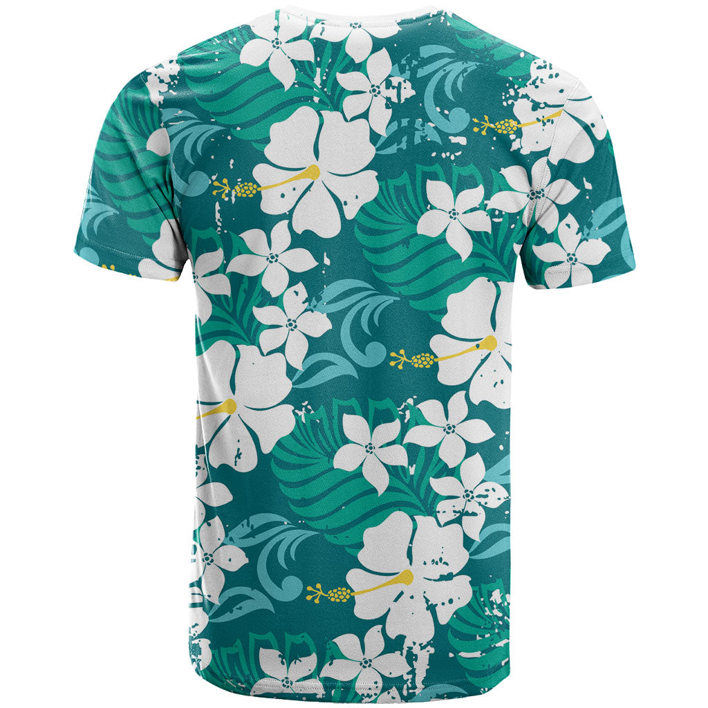 Teal Hawaiian Hibiscus Monstera T Shirt Grunge Stylized