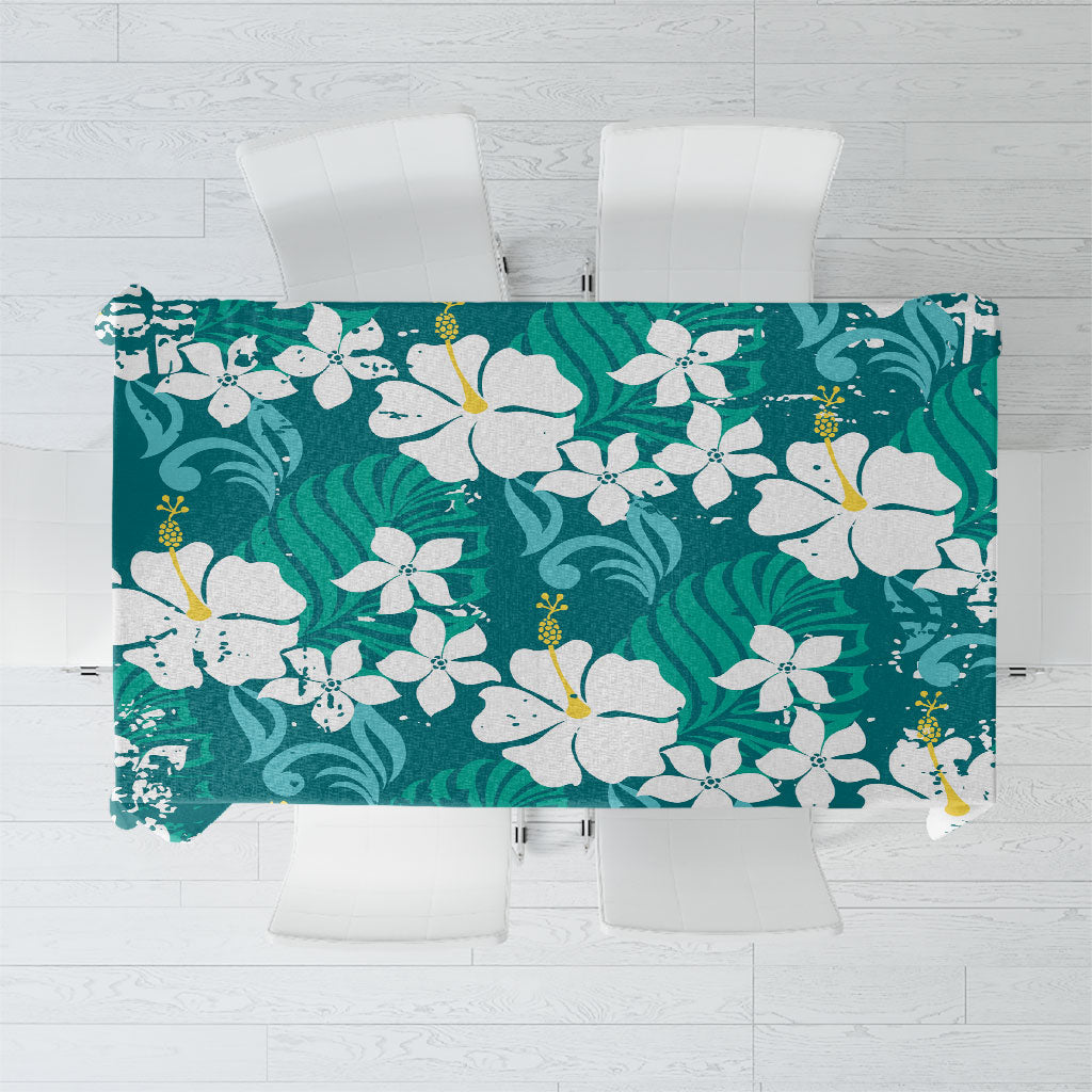 Teal Hawaiian Hibiscus Monstera Tablecloth Grunge Stylized