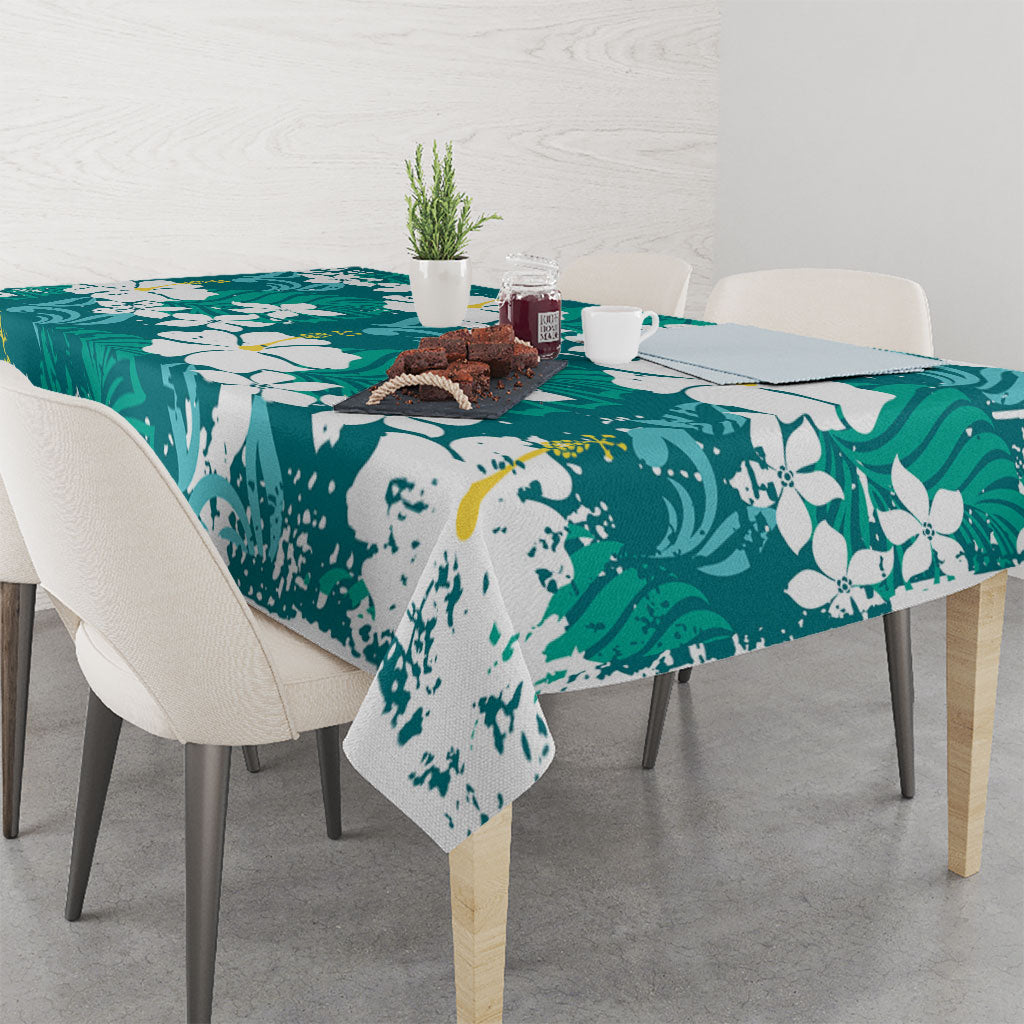 Teal Hawaiian Hibiscus Monstera Tablecloth Grunge Stylized LT01 - Polynesian Pride