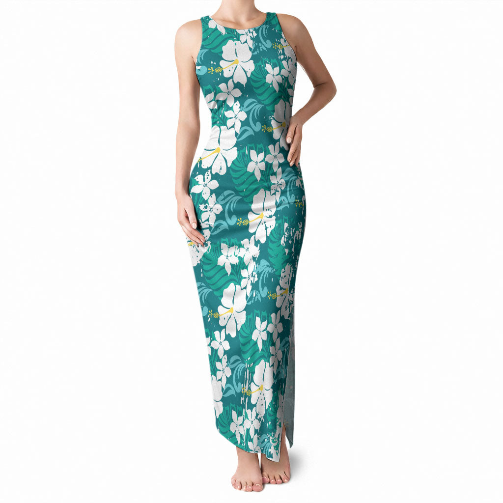 Teal Hawaiian Hibiscus Monstera Tank Maxi Dress Grunge Stylized LT01 Women Teal - Polynesian Pride