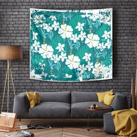 Teal Hawaiian Hibiscus Monstera Tapestry Grunge Stylized