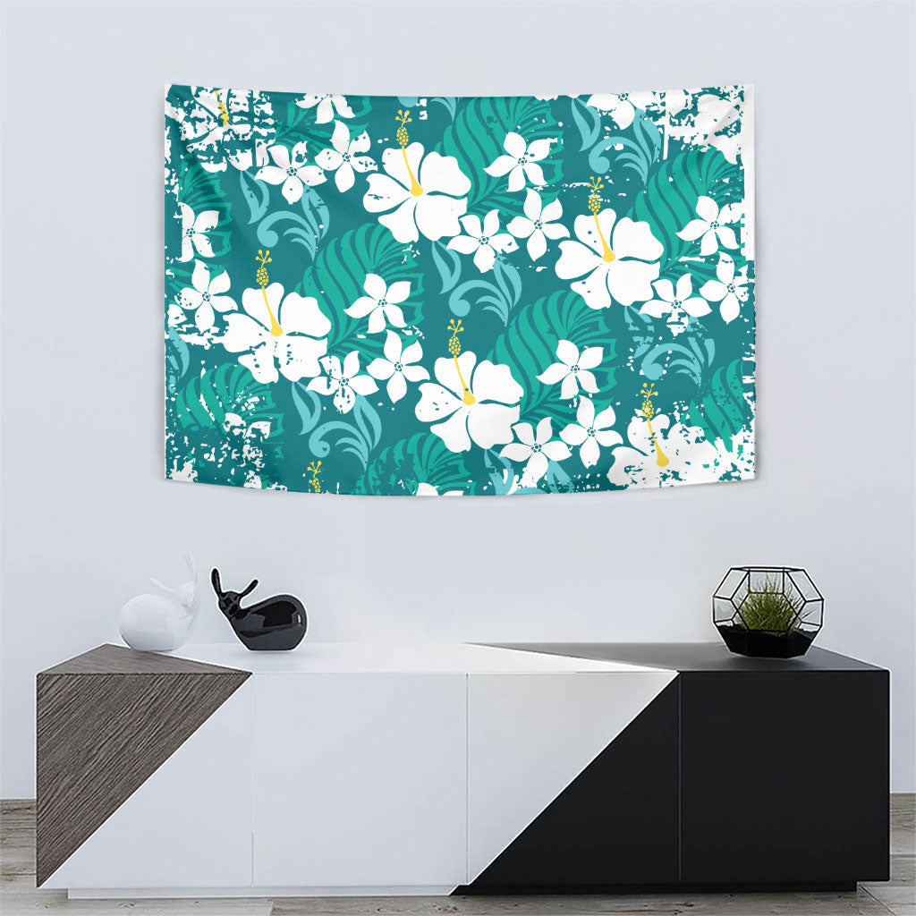 Teal Hawaiian Hibiscus Monstera Tapestry Grunge Stylized