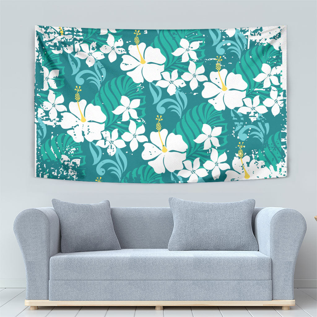 Teal Hawaiian Hibiscus Monstera Tapestry Grunge Stylized
