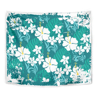 Teal Hawaiian Hibiscus Monstera Tapestry Grunge Stylized