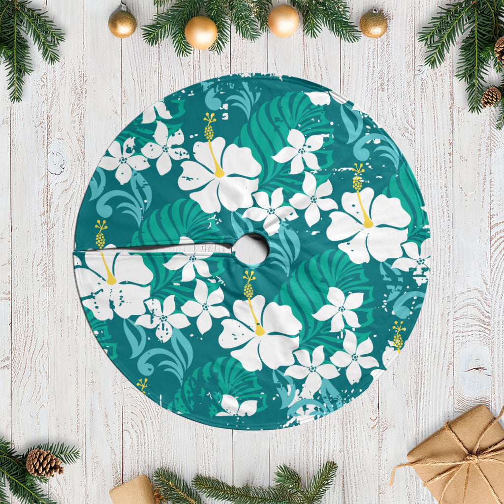 Teal Hawaiian Hibiscus Monstera Tree Skirt Grunge Stylized