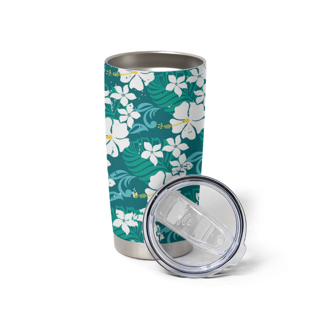Teal Hawaiian Hibiscus Monstera Tumbler Cup Grunge Stylized LT01 - Polynesian Pride