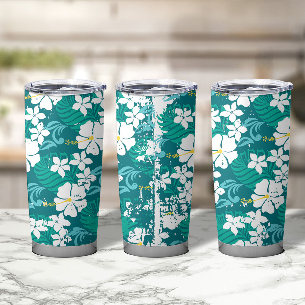 Teal Hawaiian Hibiscus Monstera Tumbler Cup Grunge Stylized LT01 - Polynesian Pride
