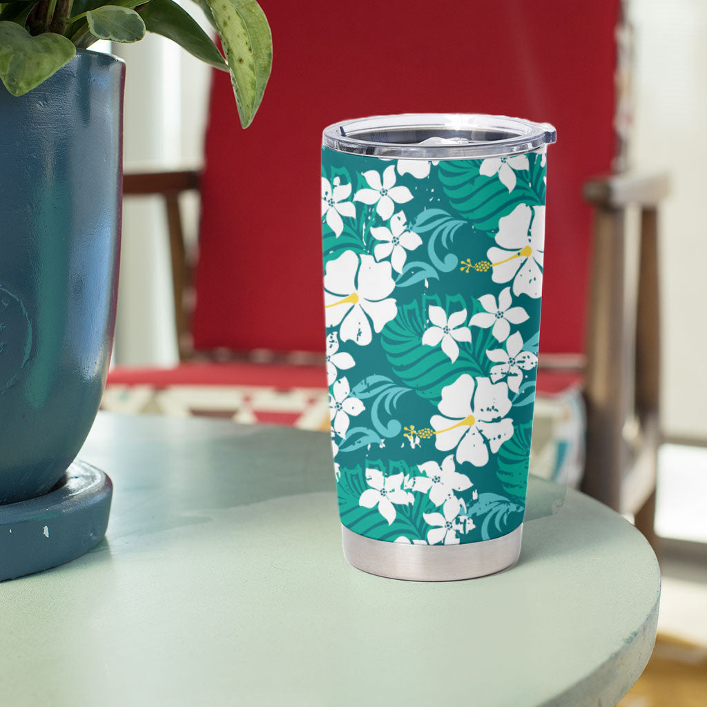 Teal Hawaiian Hibiscus Monstera Tumbler Cup Grunge Stylized LT01 - Polynesian Pride